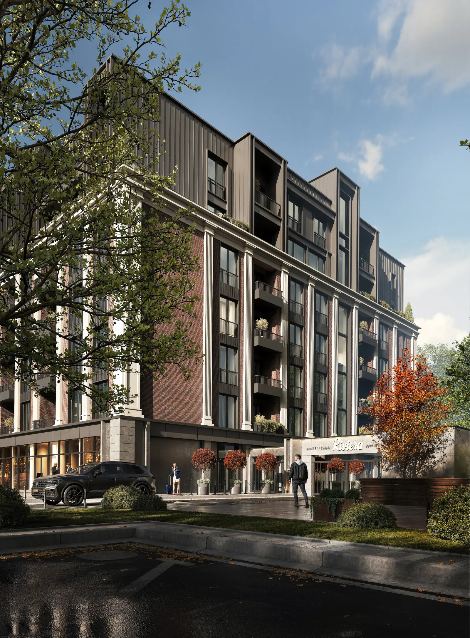 Riviera Aparts — головний вхід з ландшафтом