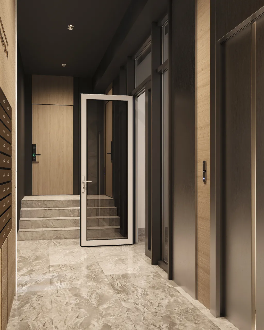 Riviera Aparts — вхідний коридор з поштовими скриньками